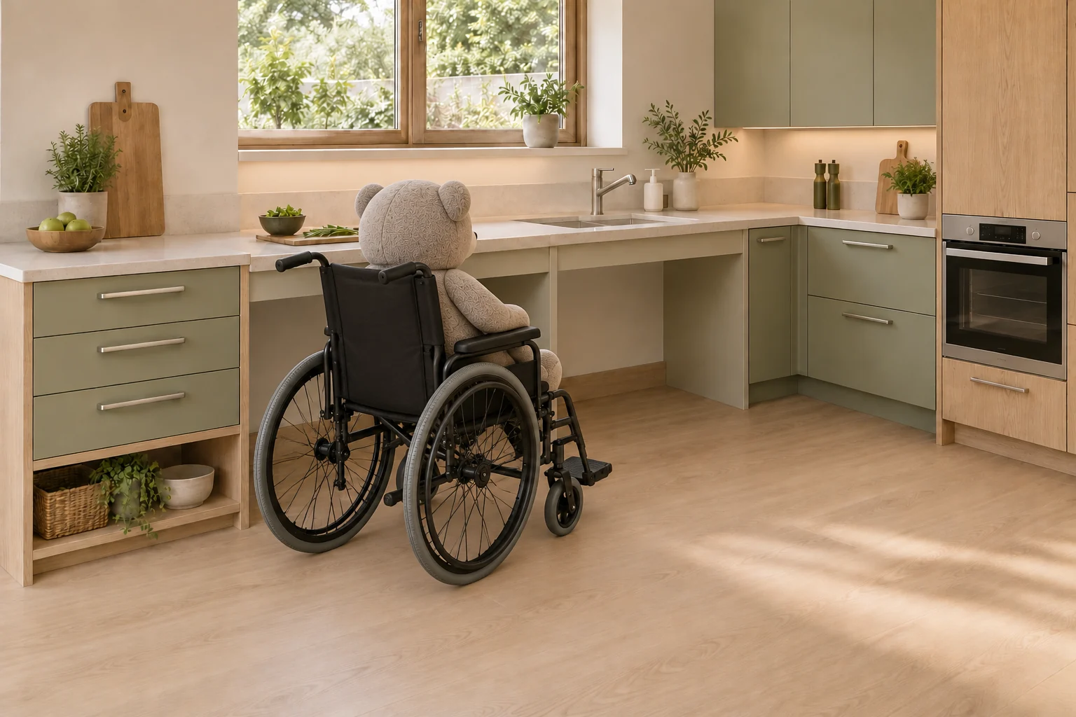 Angepasste Küche mit unterfahrbarer Arbeitsplatte, tiefer angeordnetem Backofen und einem Rollstuhl mit einem zu den Möbeln gewandten Teddybären