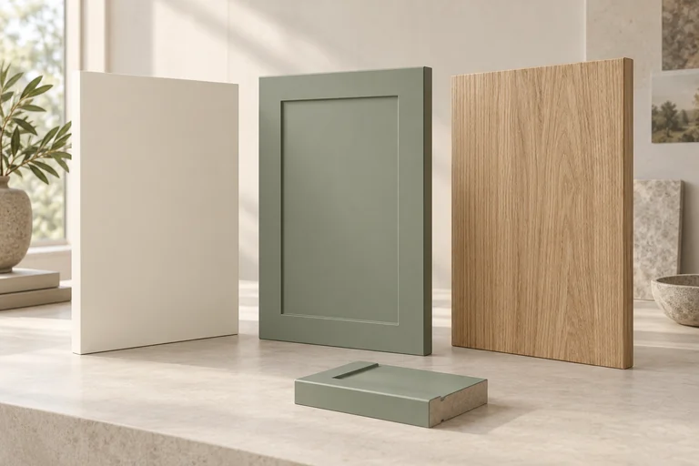 Frentes de muebles: crema liso, salvia fresado y roble