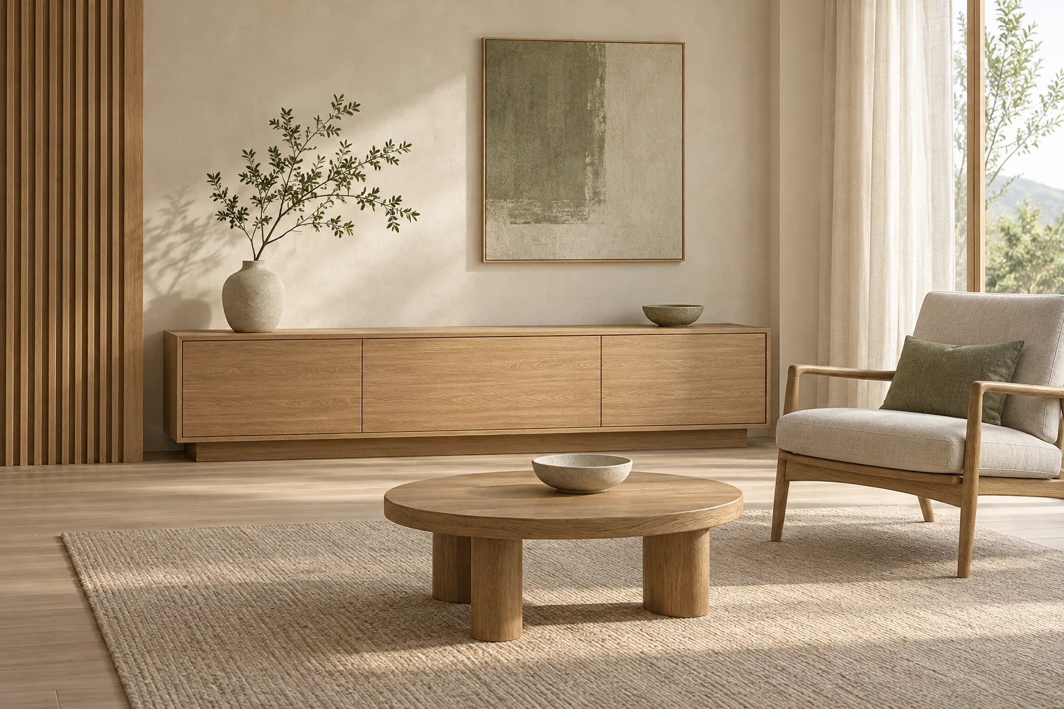 Ruhiges Japandi-Interieur mit Eichenmöbeln und hellen Textilien