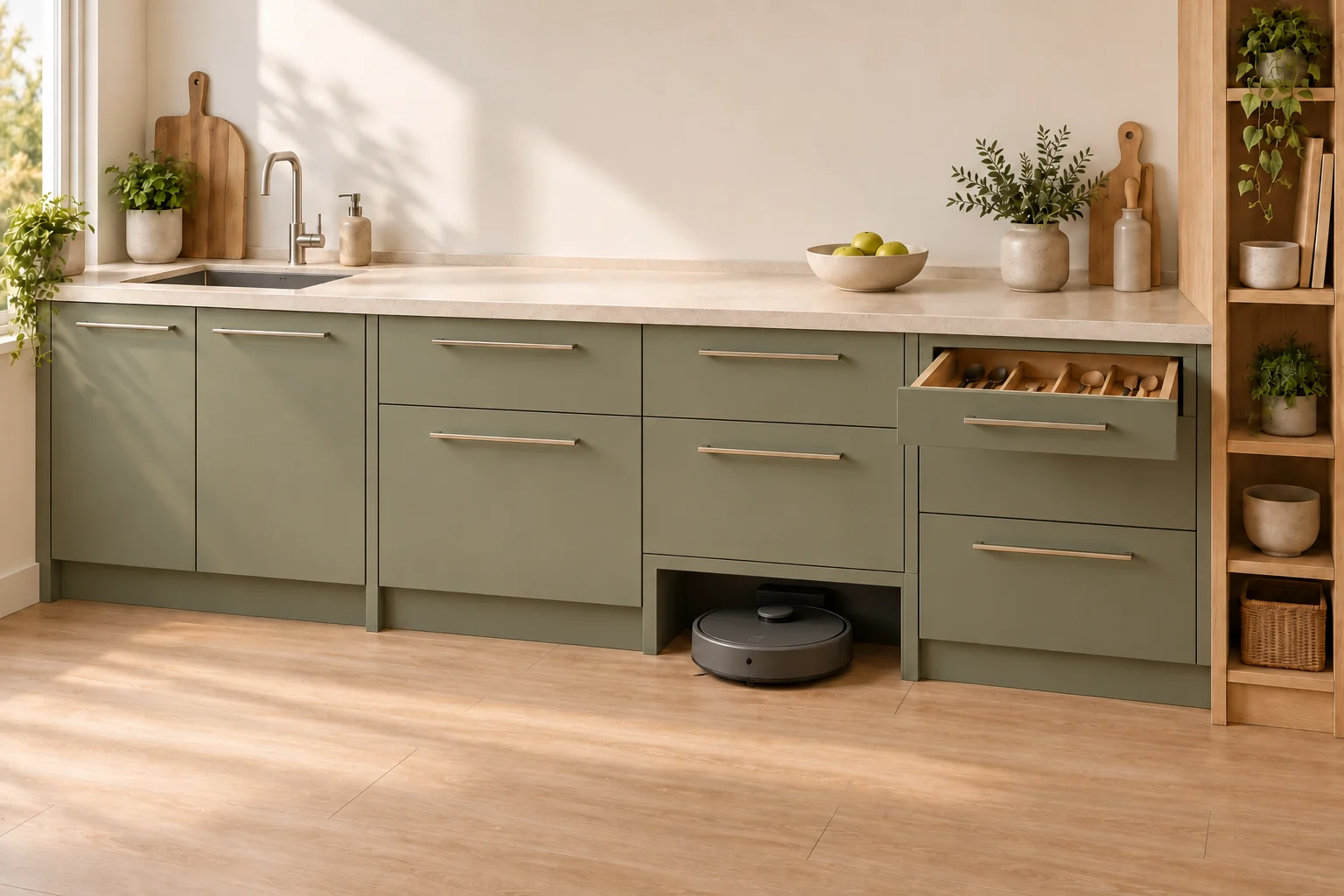 Arredo cucina con cassetti e vano per robot aspirapolvere, con maniglia sopra il vano