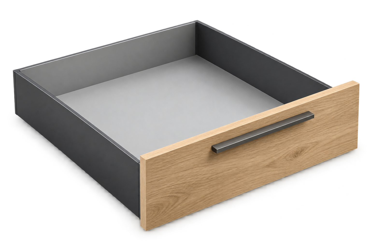 Realistische Visualisierung einer Schublade mit dünnen Metallzargen, inspiriert von LEGRABOX