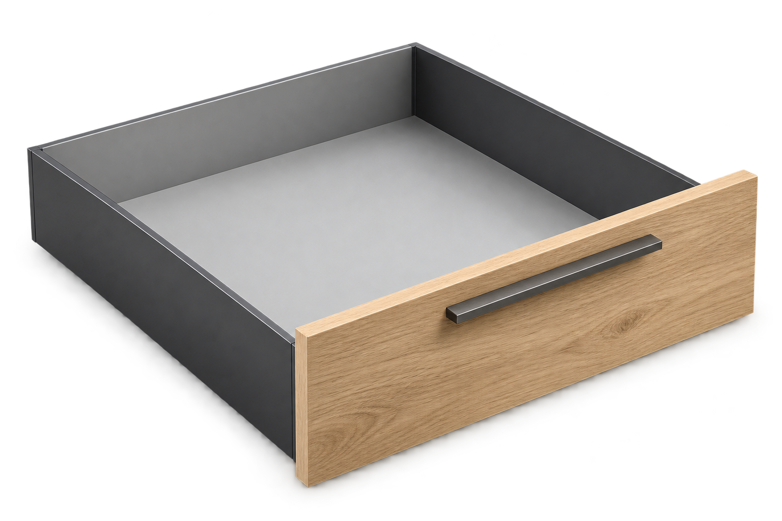 Realistyczna wizualizacja szuflady z cienkimi metalowymi bokami, inspirowanej LEGRABOX